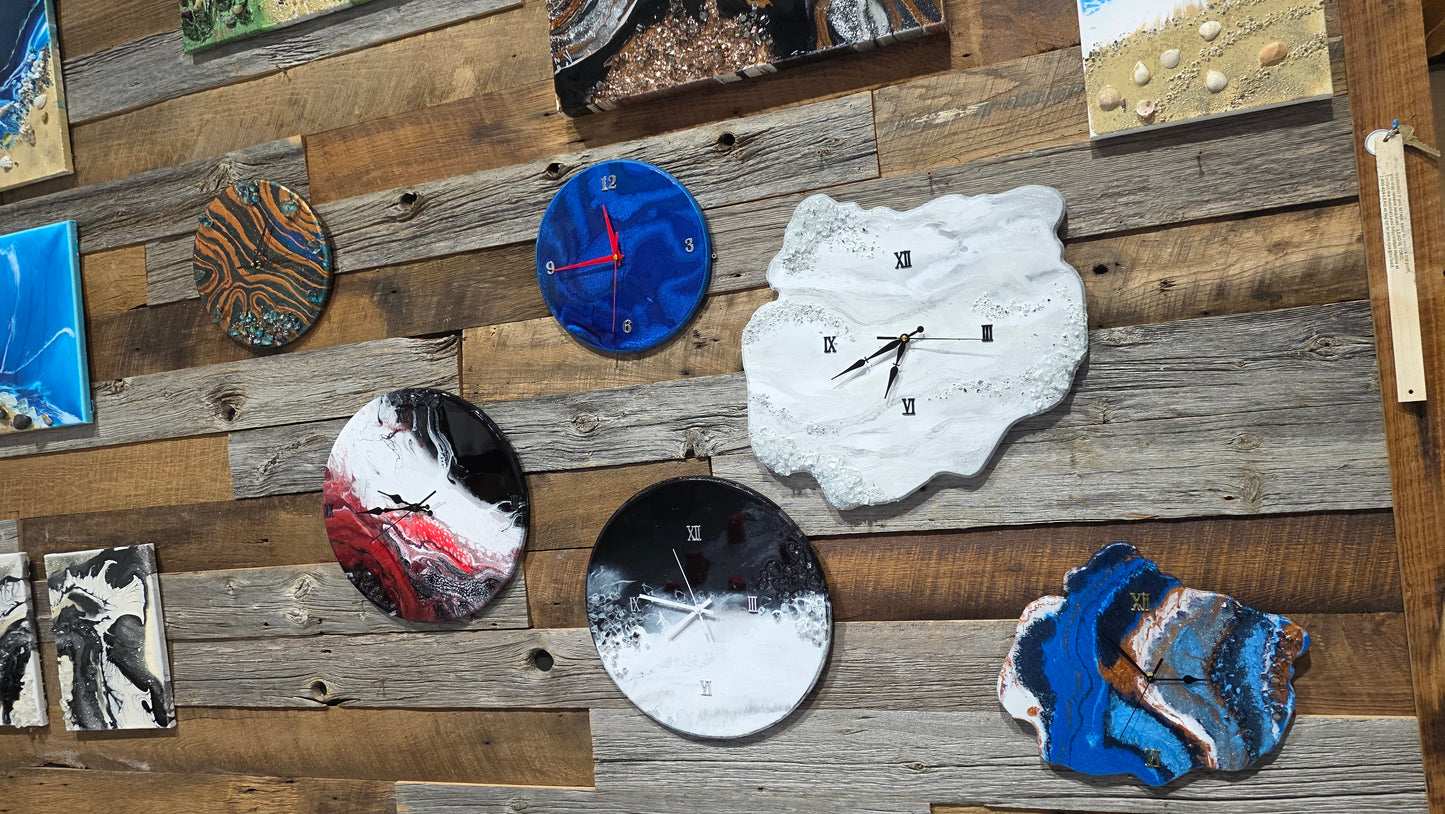 Epoxy Clock Art Class/Friday April 24 6:30pm level #1 no experience needed/mask are provided and recommended for this class.
