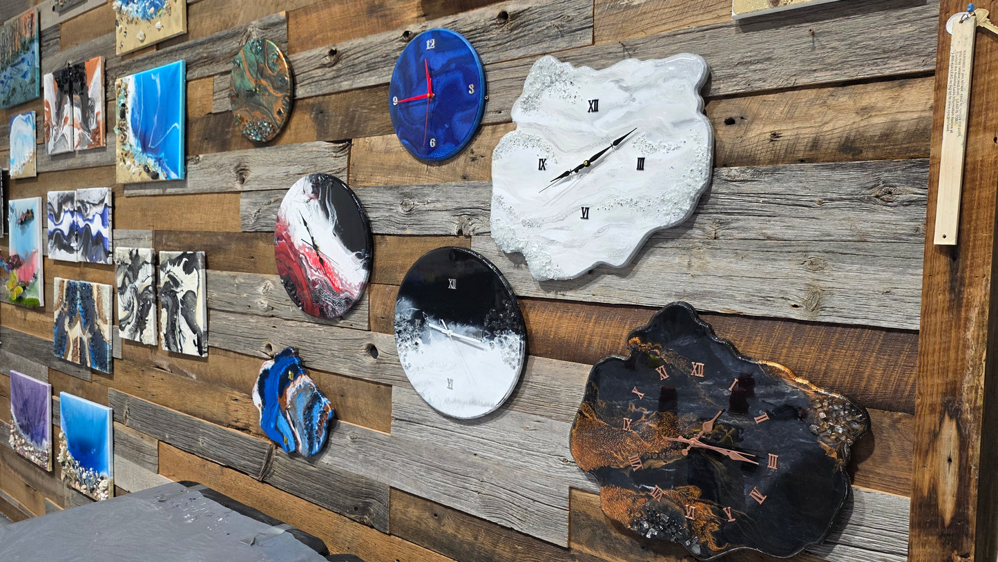 Epoxy Clock Art Class/Friday April 24 6:30pm level #1 no experience needed/mask are provided and recommended for this class.