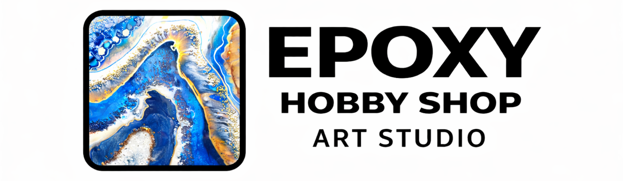 Logo of Epoxy Hobby Shop Art Studio with a colorful abstract design on a white background.